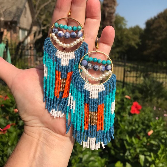 Long Hand Beaded Fringe Earrings Seed Bead Hoop Native Southwest Western Cowboy - Picture 1 of 5